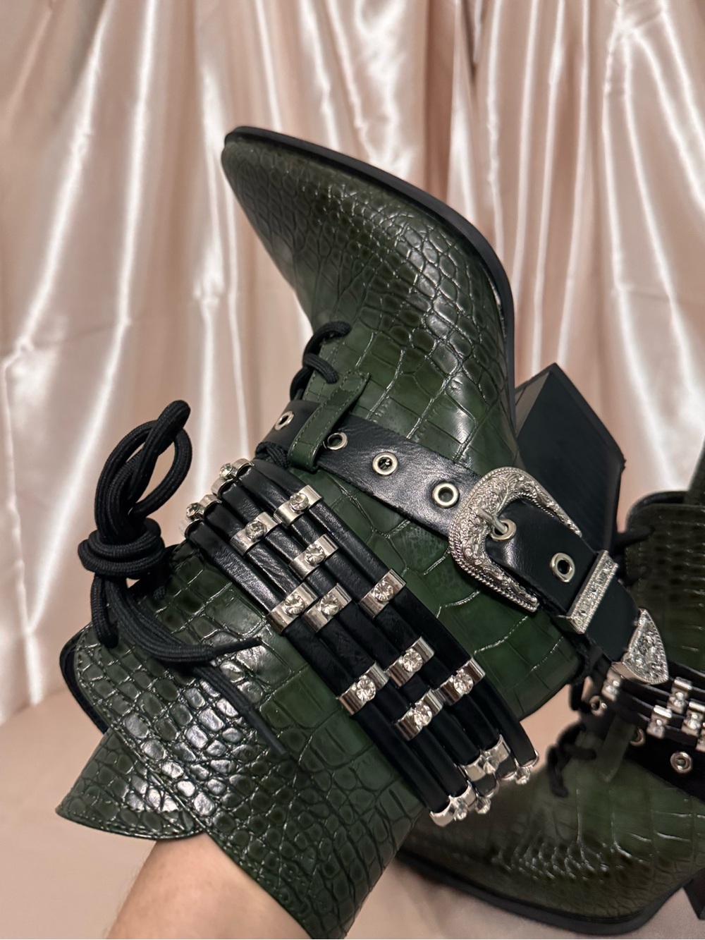 Olive Green Croc-Embossed Western Ankle Boot with Silver Buckle